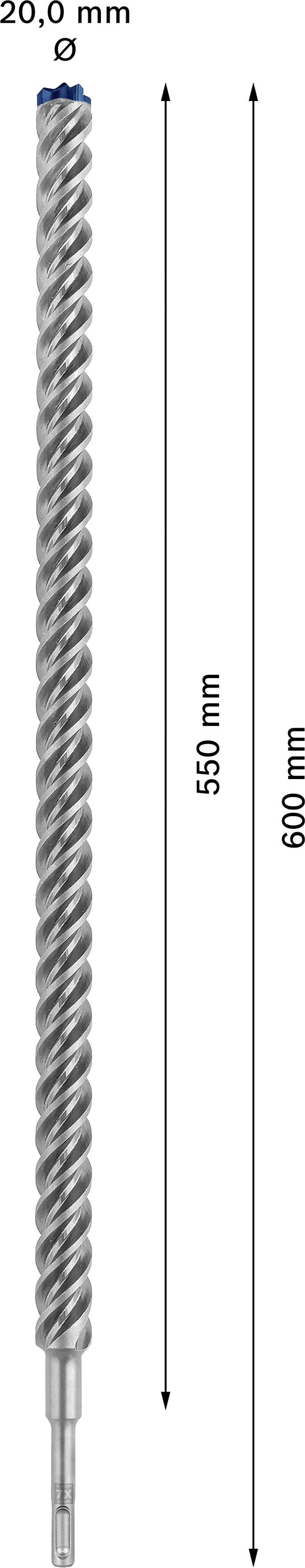 Bohrer mit einer Gesamtlänge von 600 mm und einem Arbeitsbereich von 550 mm. Durchmesser beträgt 20,0 mm.