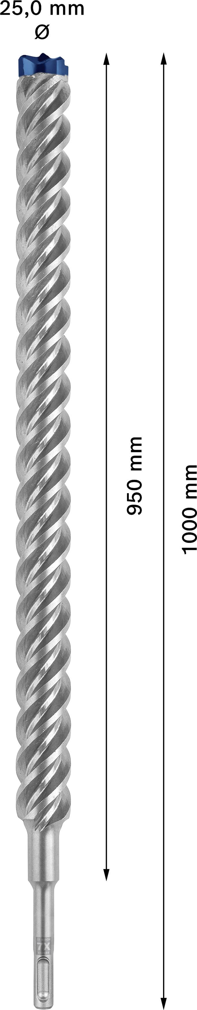 Spiralbohrer aus Metall mit blauer Spitze, Länge 1000 mm, Durchmesser 25,0 mm, nutzbare Länge 950 mm.