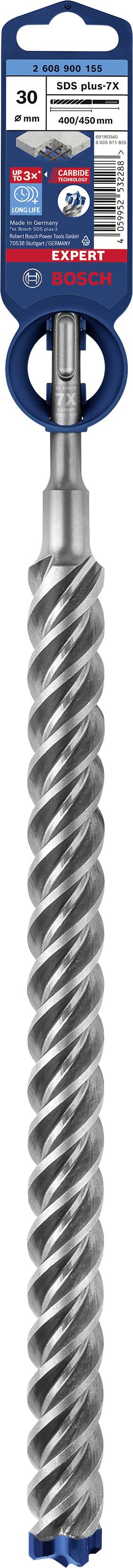 Bohrer für Beton, mit einem speziell geformten, spiralförmigen Schaft, geeignet für Bauarbeiten. Verpackung zeigt Markenlogo und technische Details.