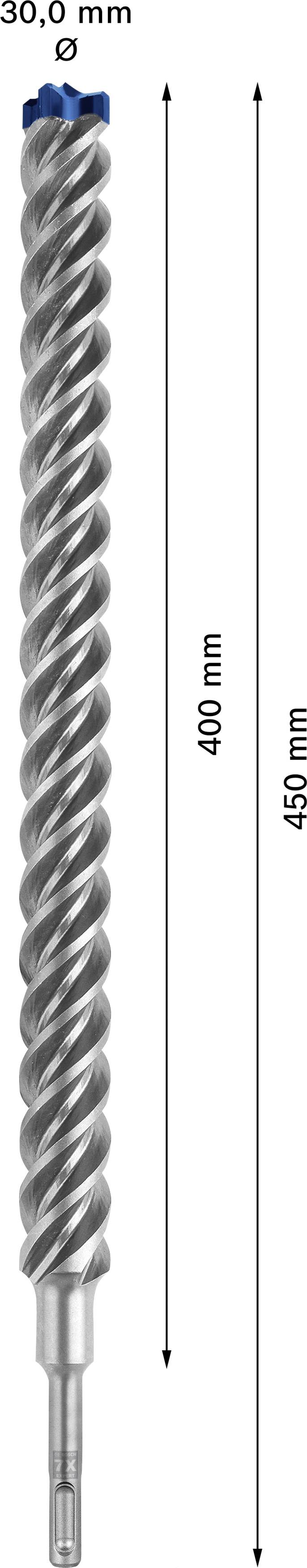 Ein Bohrer von 450 mm Länge und 30 mm Durchmesser, mit einer spiralförmigen Schneide, geeignet für Bohraufgaben in festen Materialien.