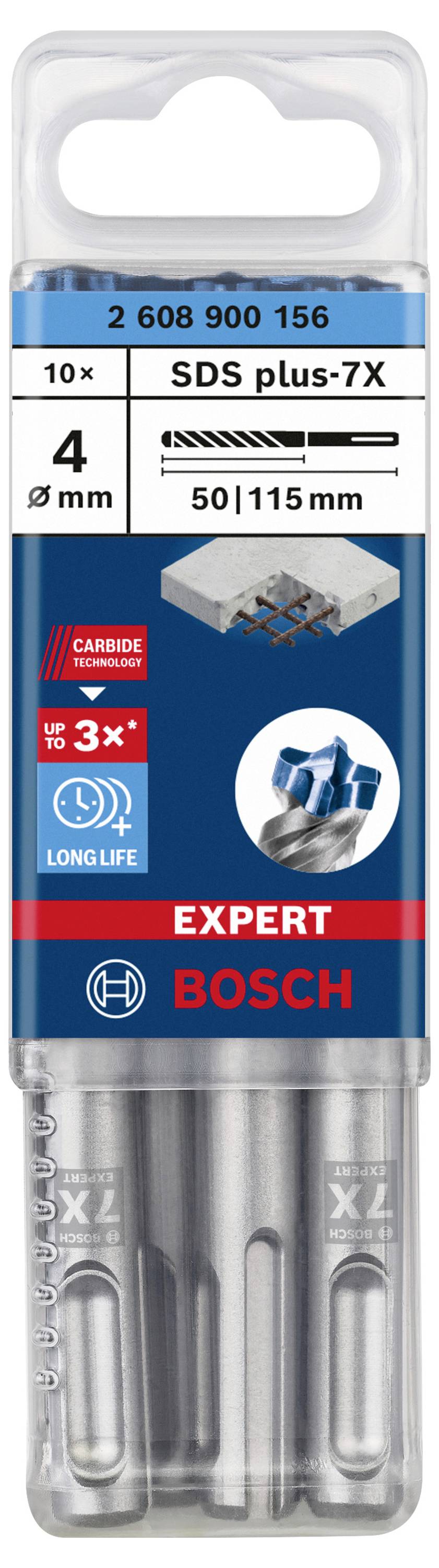 Packung mit 10 Bosch SDS plus-7X Bohrern, Durchmesser 4 mm, Länge 50/115 mm, geeignet für Beton, bessere Haltbarkeit durch Hartmetall.