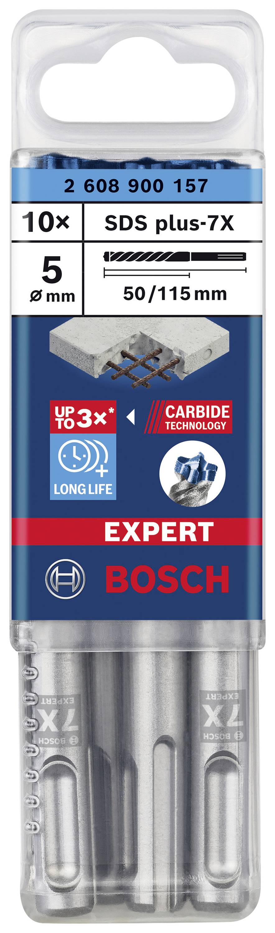 Verpackung mit 10 SDS plus-7X Bohrer von Bosch, 5 mm Durchmesser, 50/115 mm Länge, betont lange Lebensdauer und Expert-Technologie.