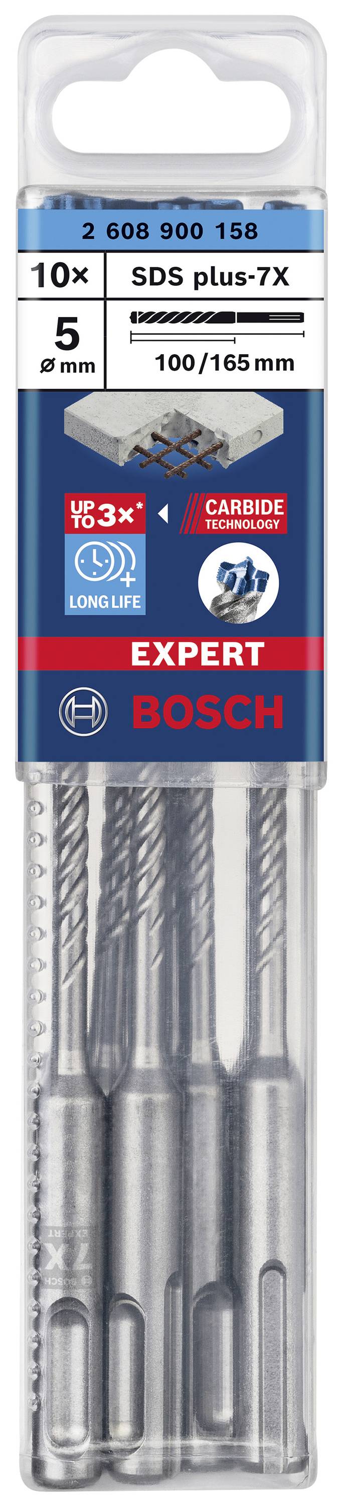 'Bohrerpackung Bosch Expert SDS plus-7X', enthält 10 Bohrer, 5 mm Durchmesser, 100/165 mm Länge, geeignet für Beton und Stahlbeton.