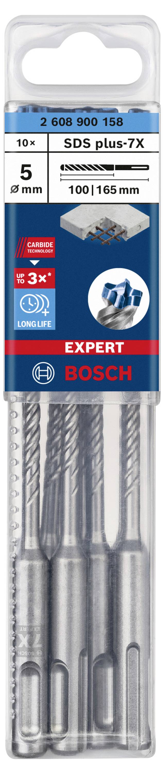 Bohraufsätze von Bosch, 10 Stück, SDS plus-7X, Durchmesser 5 mm, Länge 100/165 mm, geeignet für Beton und Stahlbeton.