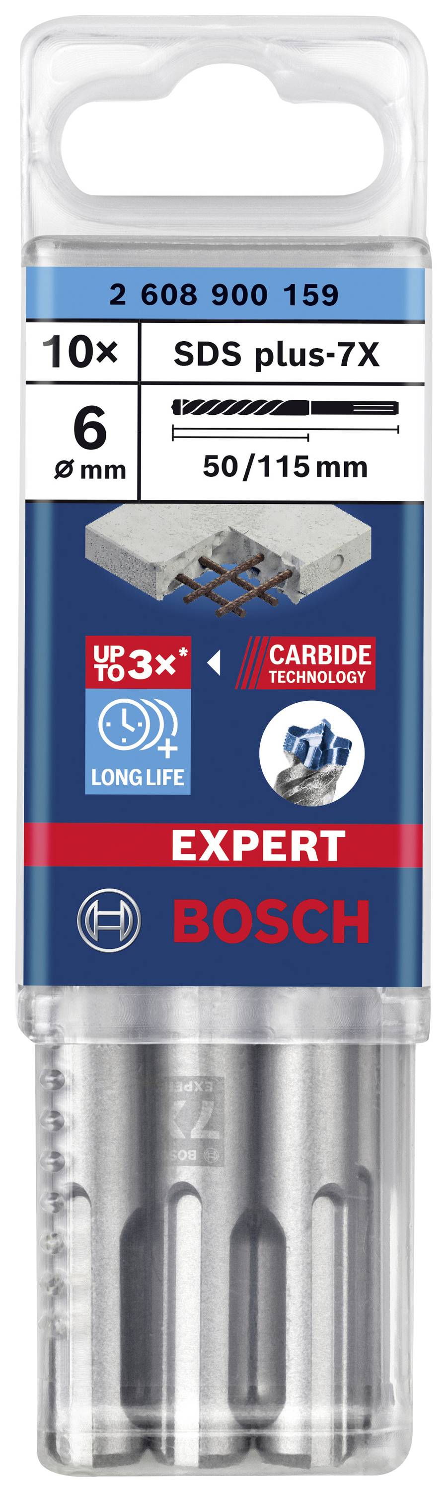 Bohrerpackung von Bosch: Enthält 10 SDS plus-7X Bohrer, Durchmesser 6 mm, Länge 50/115 mm. Geschützt durch Carbide Technology.