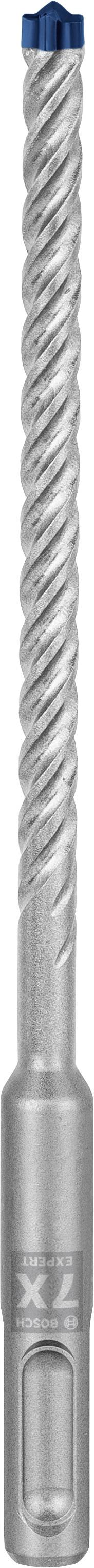 Ein silberner Bohrer mit spiraliger Spitze und blauer Spitze, entworfen für präzises Bohren in Beton und Ziegel.