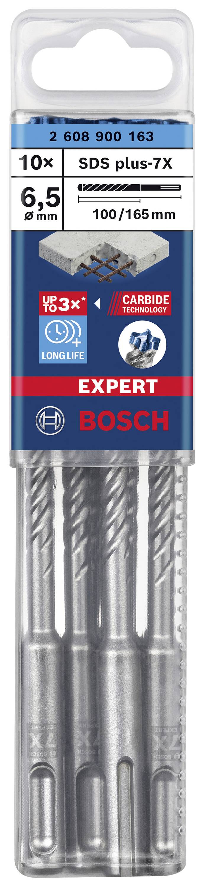 Metallverpackung mit 10 Bosch SDS plus-7X Bohrern, 6,5 x 100/165 mm, betont Langlebigkeit und Eignung für Mauerwerk.
