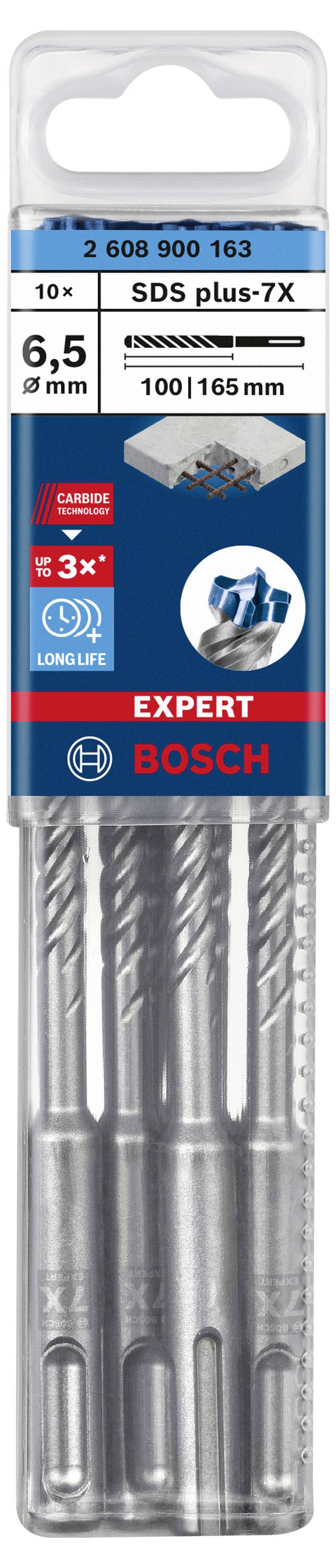 Bohrerpackung von Bosch mit 'SDS plus-7X' Bohrern, Größe 6,5 x 100/165 mm, geeignet für Beton. Verpackung zeigt drei Bohrerspitzen.