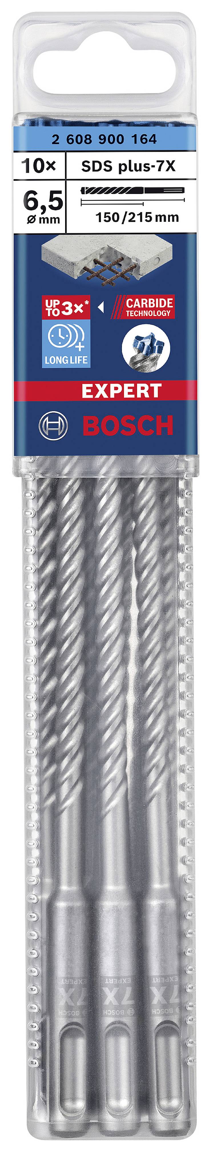 'Bosch' Expert Bohrer-Set, 10 Stück, SDS plus-7X, 6,5 mm, Länge 150/215 mm, geeignet für Betonbohrungen. Verpackung mit Produktbeschreibung.