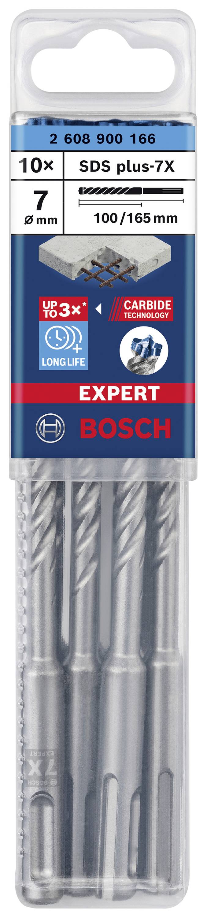 Bohrer-Set von Bosch, bestehend aus vier SDS-plus-7X-Bohrern mit Durchmesser 7 mm und einer Länge von 100/165 mm für Beton.