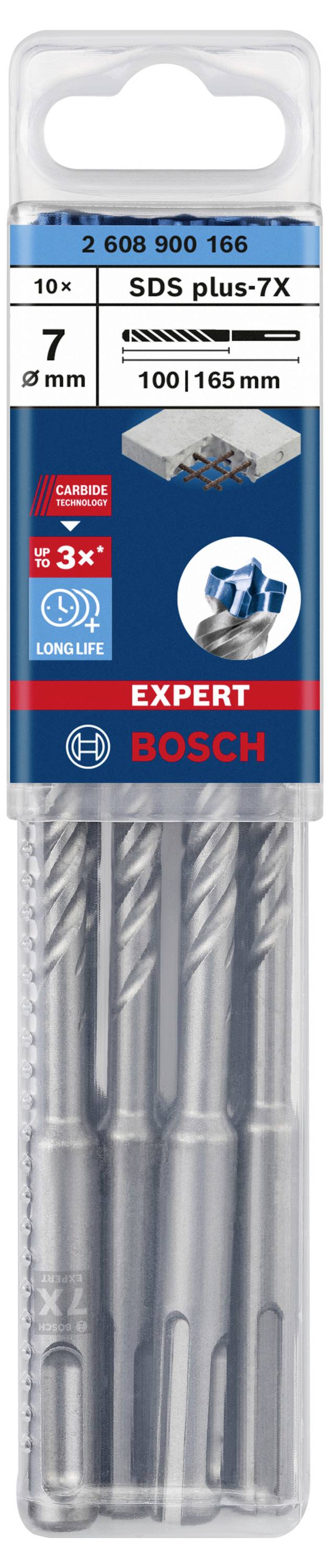Verpackung von Bohrern der Marke Bosch. Enthält fünf Bohrer für Betonarbeiten, 'SDS plus-7X', mit 7 mm Durchmesser und 100/165 mm Länge.
