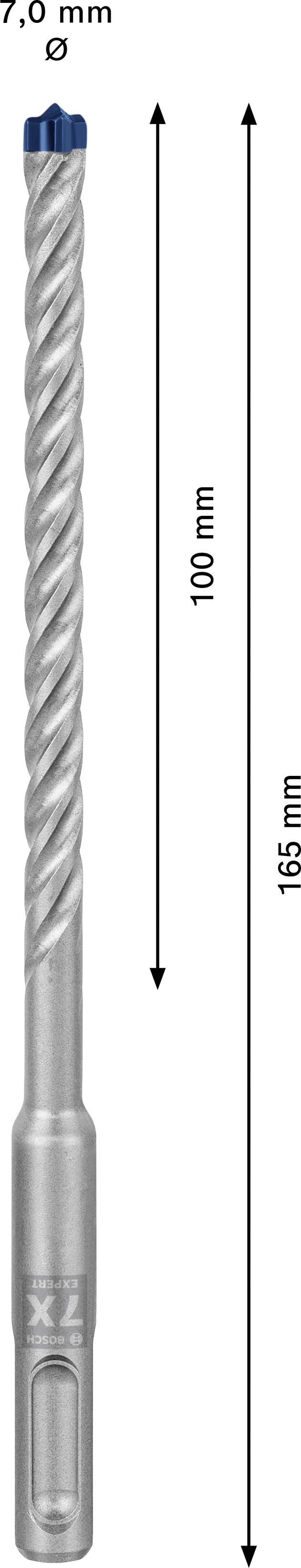 Bohrer mit 7 mm Durchmesser, insgesamt 165 mm lang. Bohrtiefe 100 mm.