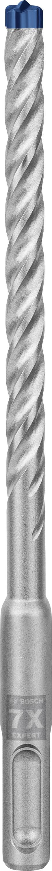 Bohrer mit spiralförmiger Nut aus silbernem Metall, obere Spitze in Blau. Ideal zum Bohren in Beton oder Mauerwerk.