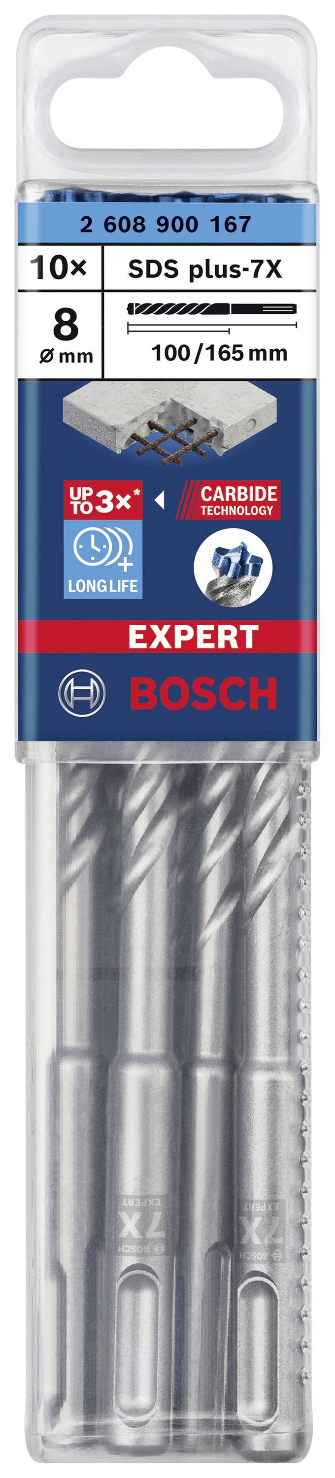 'Bosch Expert' Bohrerpackung, 10 Stück, SDS plus-7X, 8 mm, Länge 100/165 mm, geeignet für Betonbohrungen, langlebig mit Hartmetallspitze.