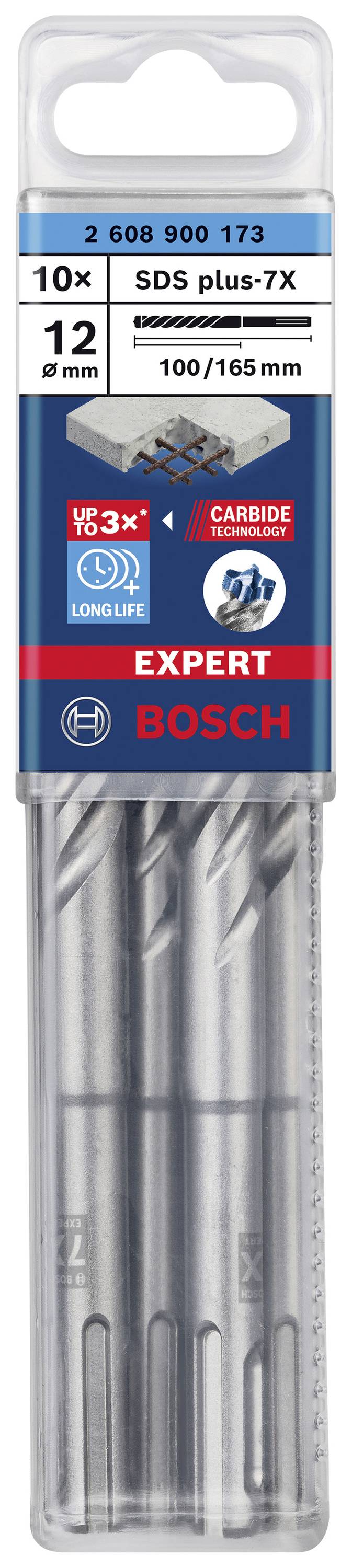 Verpackung mit zehn SDS plus-7X Bohrern von Bosch. Bohrerdurchmesser: 12 mm, Arbeitslänge: 100 mm, Gesamtlänge: 165 mm.