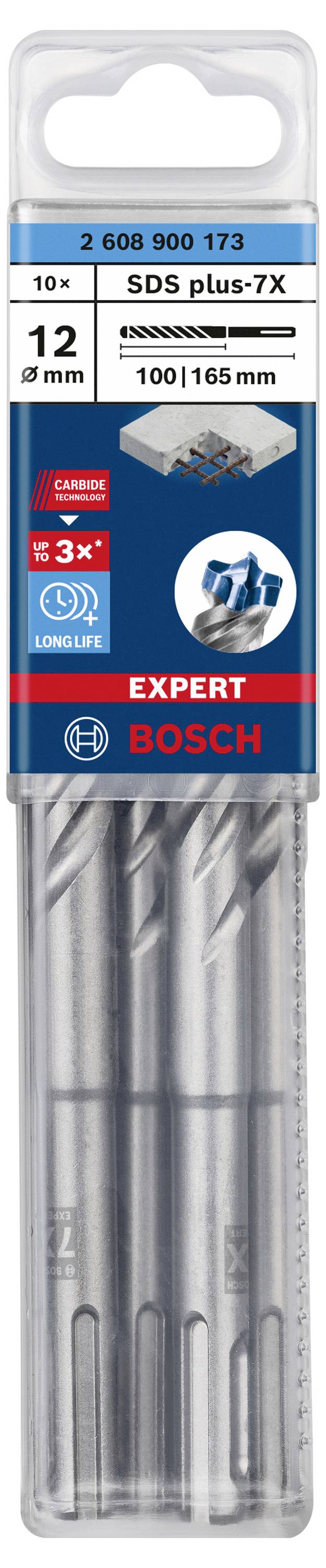 Bohrer-Set von Bosch, Modell SDS plus-7X, 12 mm Durchmesser, Länge 165 mm, 10 Stück im Paket, geeignet für Beton.