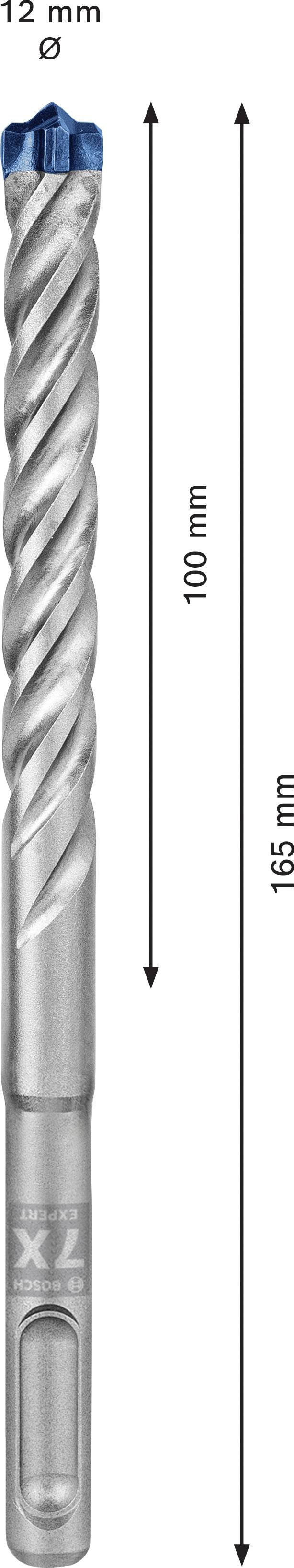 Bohrer mit einem Durchmesser von 12 mm, Länge von 165 mm, Arbeitslänge 100 mm. Silberfarben mit blauer Spitze für präzises Bohren.