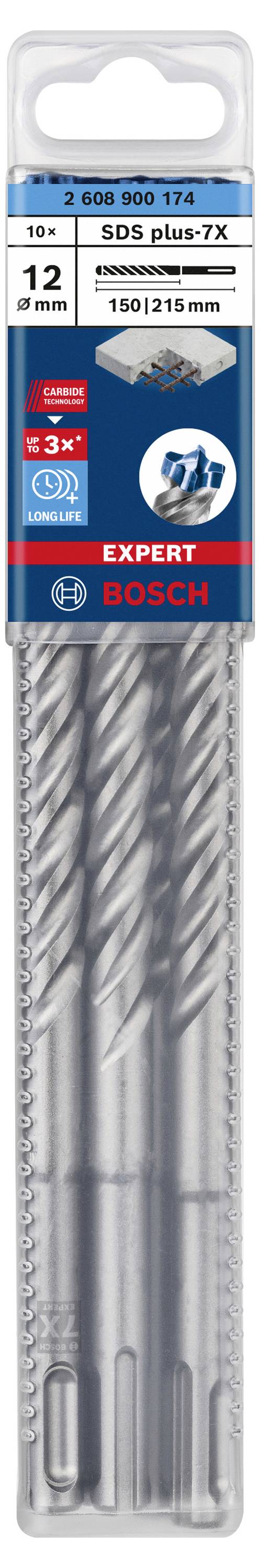 Verpackung mit drei Bosch SDS plus-7X Bohrern, Durchmesser 12 mm, Länge 150/215 mm, geeignet für Beton und Mauerwerk.