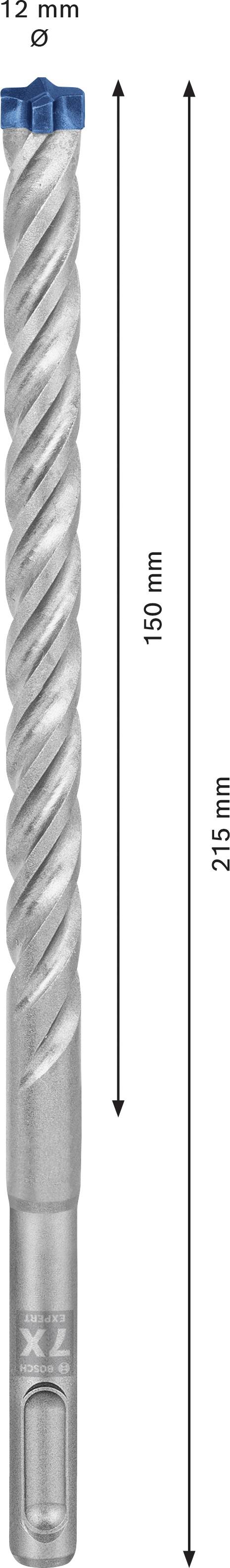 SDS-Bohrer mit blauem Kopf, 12 mm Durchmesser, 215 mm Gesamtlänge, 150 mm Arbeitslänge, mit spiralförmigen Schneidkanten.