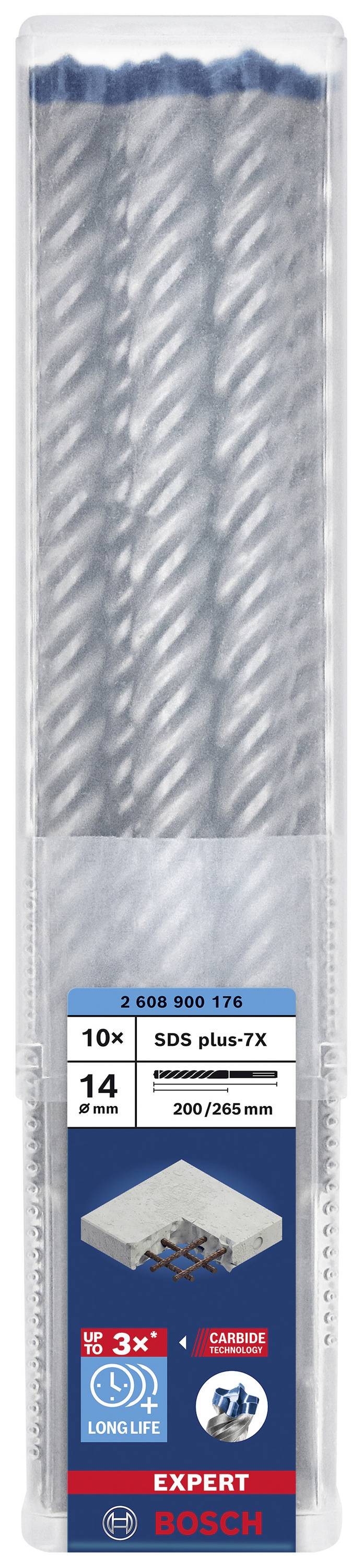Verpackung von Bosch SDS plus-7X Bohrern, 10 Stück, Größe 14 x 200 x 265 mm, geeignet für Beton, Ziegel und Steinmaterialien.