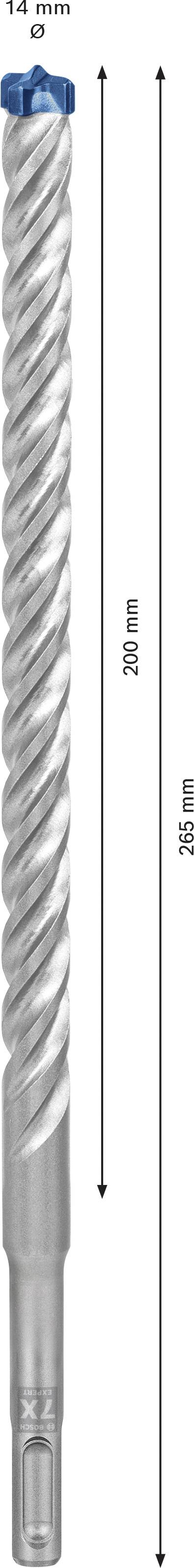 Bohrer mit blauer Spitze, 12 mm Durchmesser und 200 mm Länge, gesamt 265 mm lang.