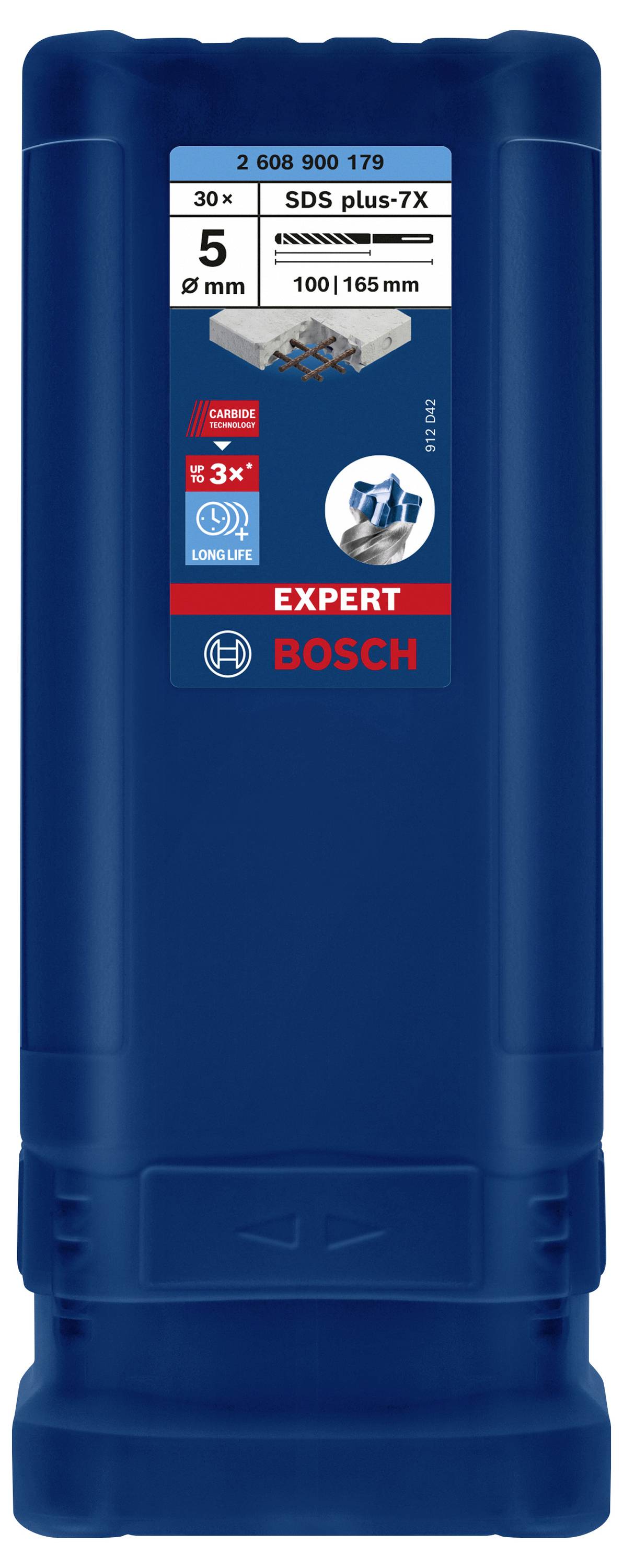 Blaue Verpackung einer Bohrerserie, für SDS plus-7X Bohrer, Größe 5mm, 30 Stück, mit langlebigen Eigenschaften und Bosch-Label.