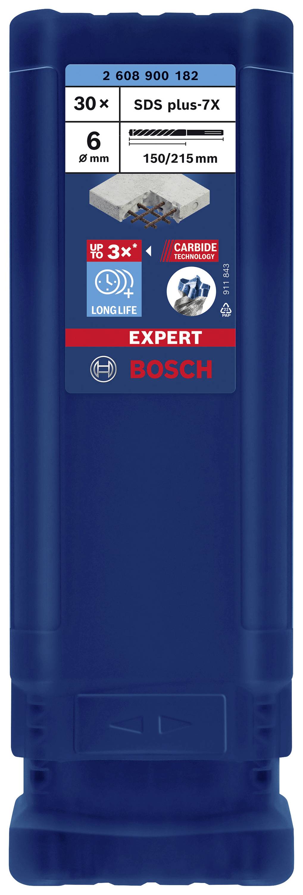 Blaue Verpackung mit Aufschrift 'Bosch Expert SDS plus-7X', enthält 30 Bohrer mit einem Durchmesser von 6 mm und einer Länge von 150/215 mm.