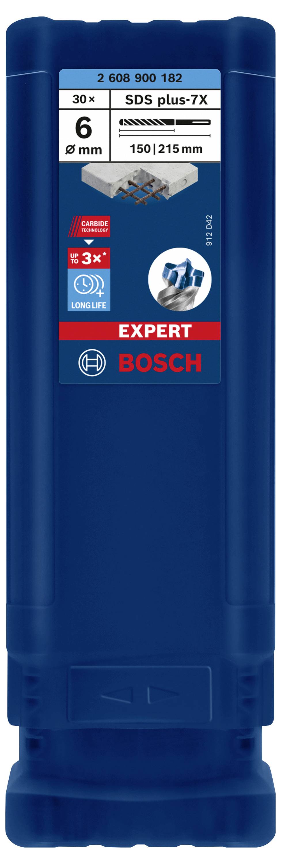 Bohrer-Verpackung mit den Angaben: 'SDS plus-7X', Durchmesser 6 mm, Länge 150/215 mm, Anzahl 30, Marke Bosch, Expert-Serie.