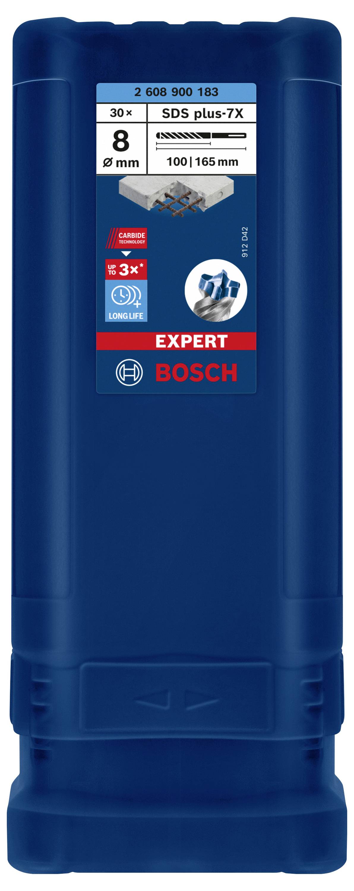 Blauer Bosch-Behälter für SDS plus-7X-Bohrer, Beton-Fräs- und Bohrer-Set, 8 Stück, langlebig, Hervorhebung auf lange Lebensdauer.