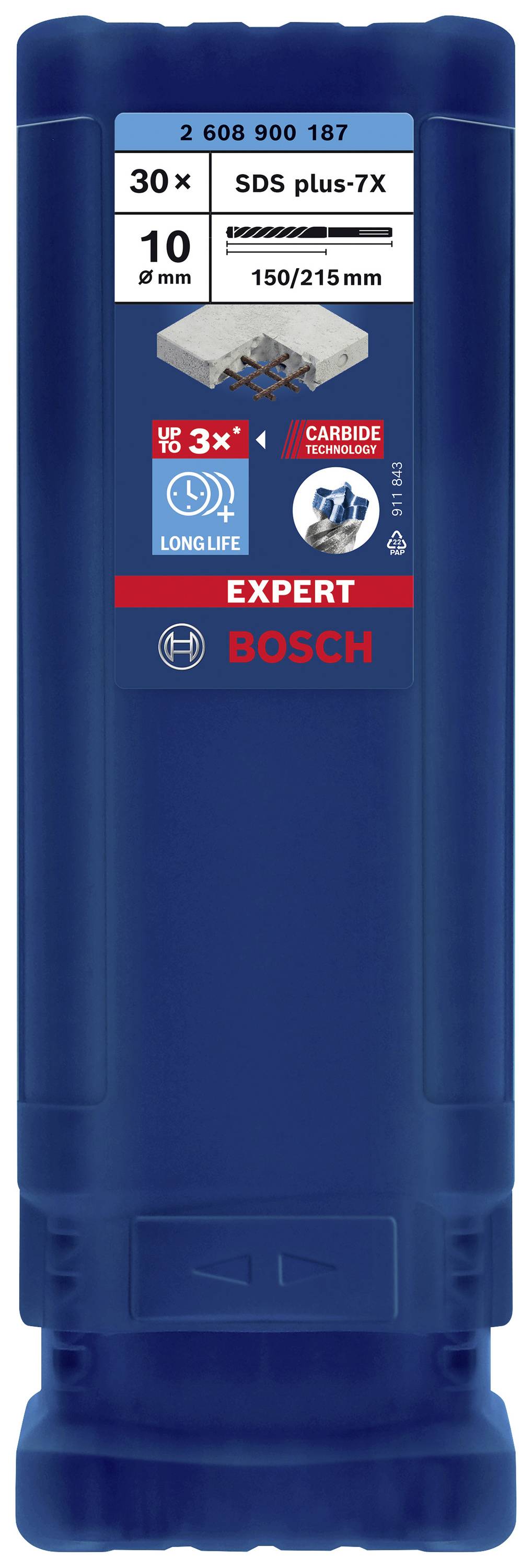 Bohrerpackung mit 30 Bohrern, SDS plus-7X, 10 mm Durchmesser, 150/215 mm Länge. Enthält 'Expert Bosch' Logo und Versprechung: '3x längere Lebensdauer'.