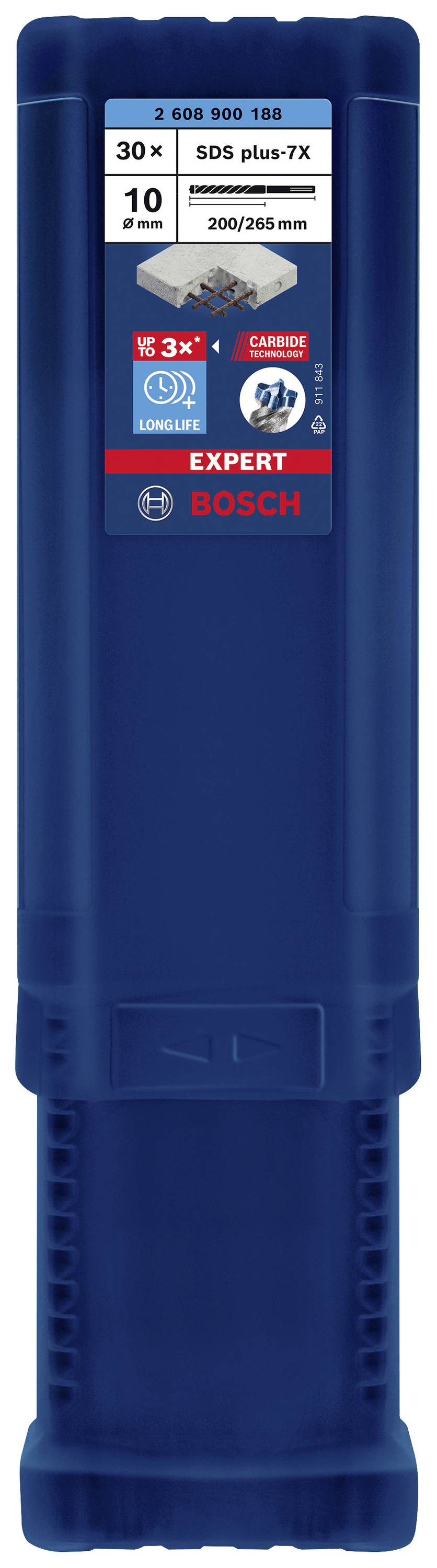 Paket einer 'Bosch Expert SDS plus-7X' Bohrerbox, geeignet für Beton, 10 Stück, Größe 200/265 mm, für langlebige Nutzung.
