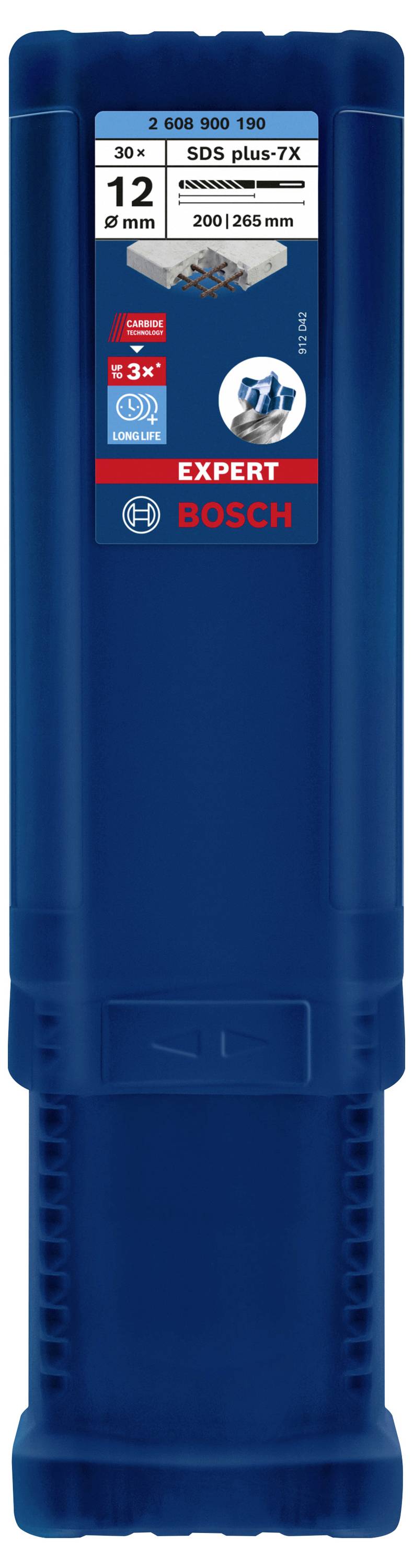 Eine blaue Verpackung von Bosch für ein Bohrer-Set mit der Aufschrift 'SDS plus-7X', '12 mm', '200/265 mm', für Betonbohren.