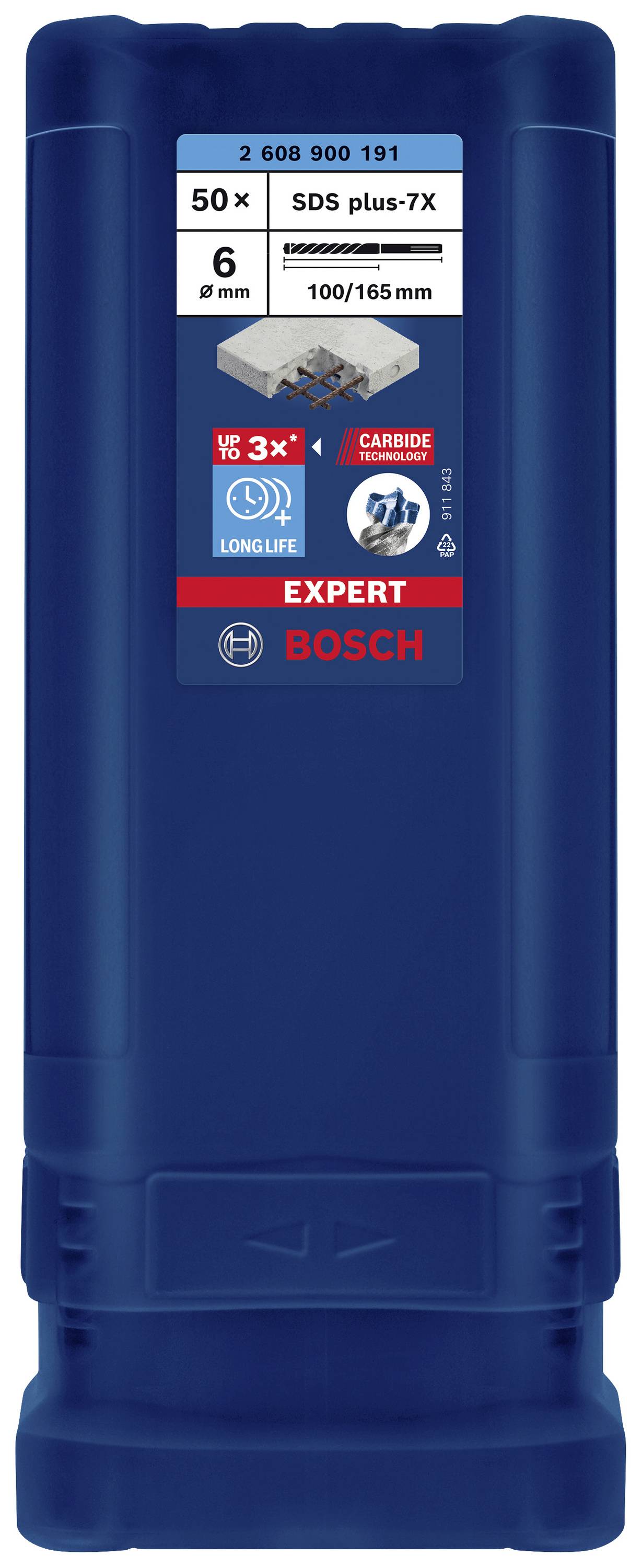 Blauer Behälter für Bohrer mit Etikett: 'Bosch Expert SDS plus-7X', 6 mm, 50 Stück. Enthält Bild eines Bohrers und 'Longlife'-Hinweis.