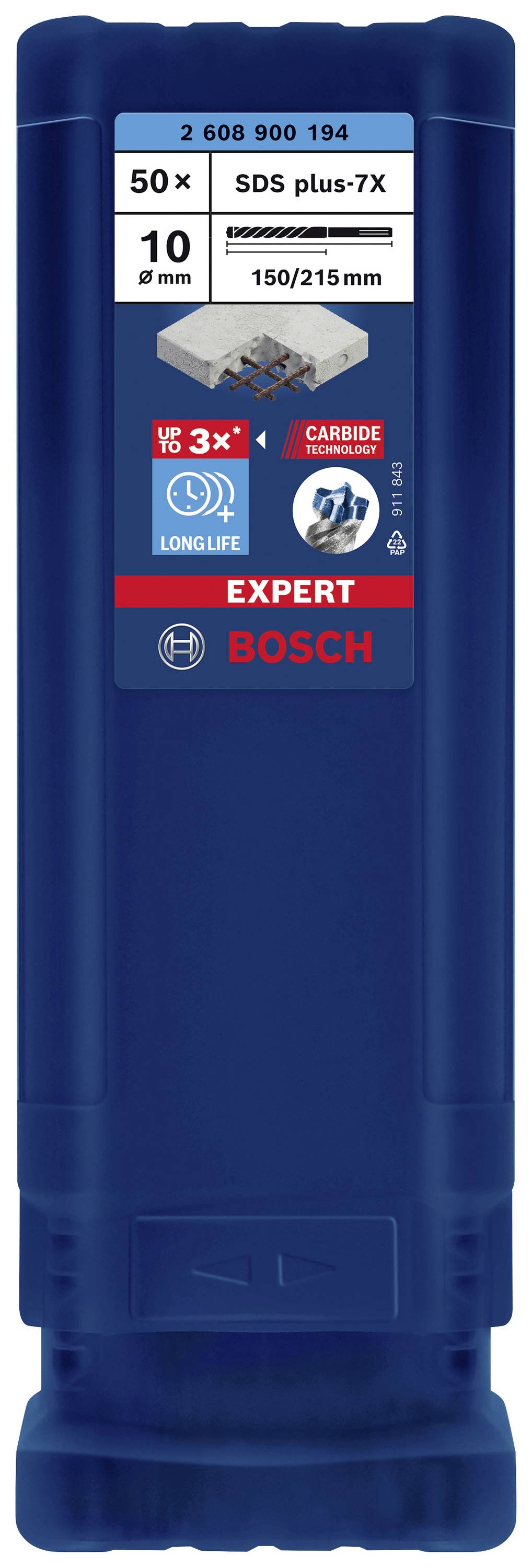 Bohrer-Set von Bosch, SDS plus-7X, 50 Stück, Durchmesser 10 mm, Länge 150/215 mm, für Beton, langes Lebensdauer-Versprechen.