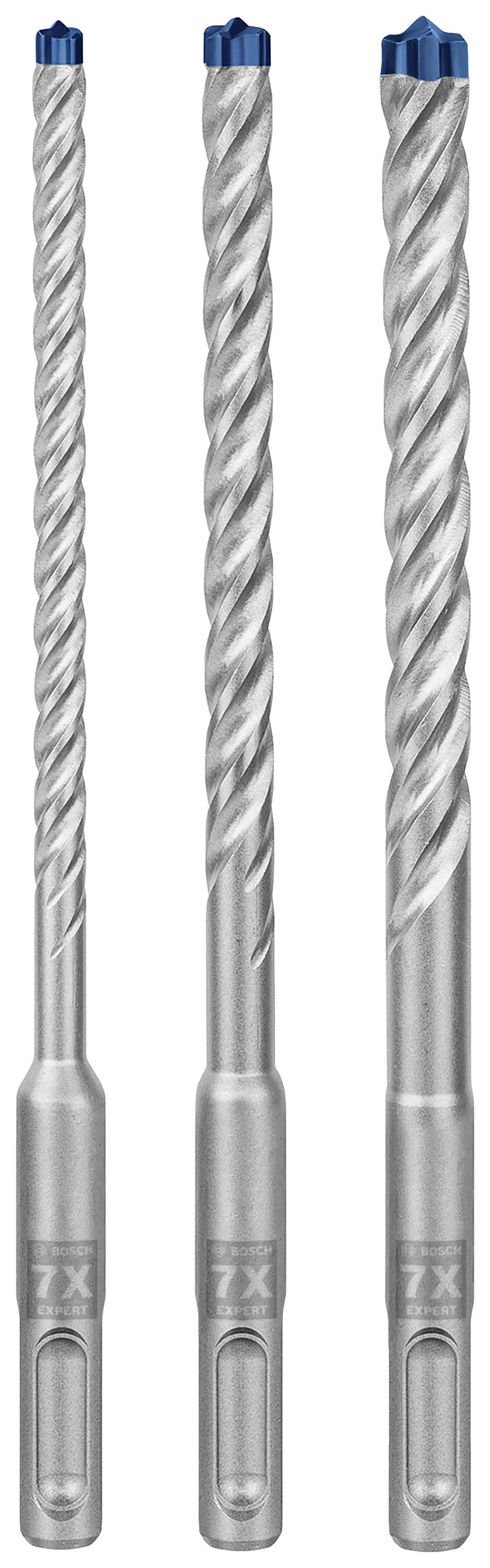 Drei silberne Bohrer mit blauen Spitzen, nebeneinander aufrecht stehend, mit spiraligen Rillen, geeignet für Beton oder Mauerwerk.