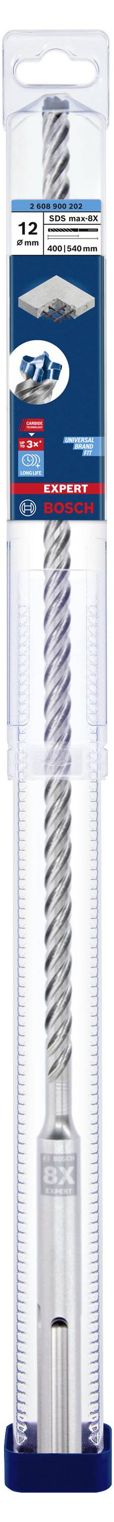 Blaue und weiße Verpackung eines Bosch SDS-plus-5 Bohrers. Geeignet für Mauerwerk und Beton. Enthält Produkt- und Größenspezifikationen.