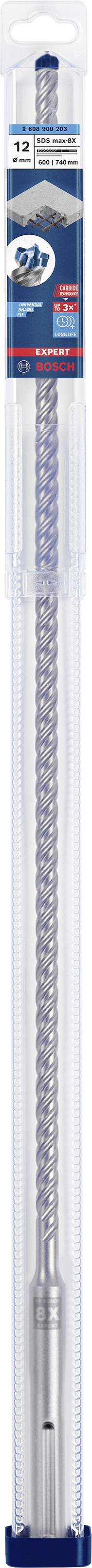 Bohrer in einer durchsichtigen Kunststoffverpackung mit blau-rotem Etikett, auf dem 'Bosch' steht.