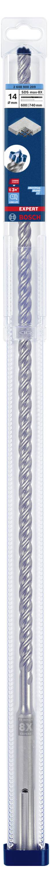 Ein langer Bohrer in einer transparenten Verpackung mit blauem Etikett oben. Geeignet zur Verwendung mit einer Bohrmaschine.