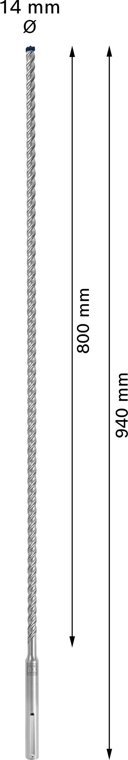 Langer Bohrer mit einem Durchmesser von 14 mm. Gesamtlänge 940 mm, Spiralbereich 800 mm.
