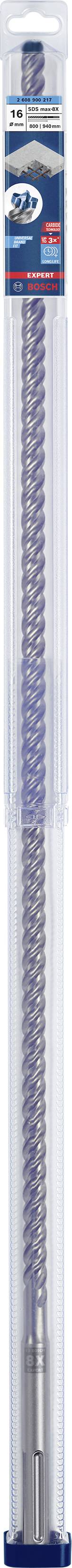 Ein Bohrer in einer transparenten Verpackung, mit einer spiralförmigen Schneide und einem blauen Etikett oben.