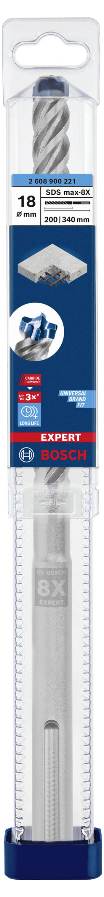 'Bosch Bohrer' in einer Plastikverpackung, geeignet für verschiedene Materialien wie Metall und Holz, mit Produktinformationen auf dem Etikett.
