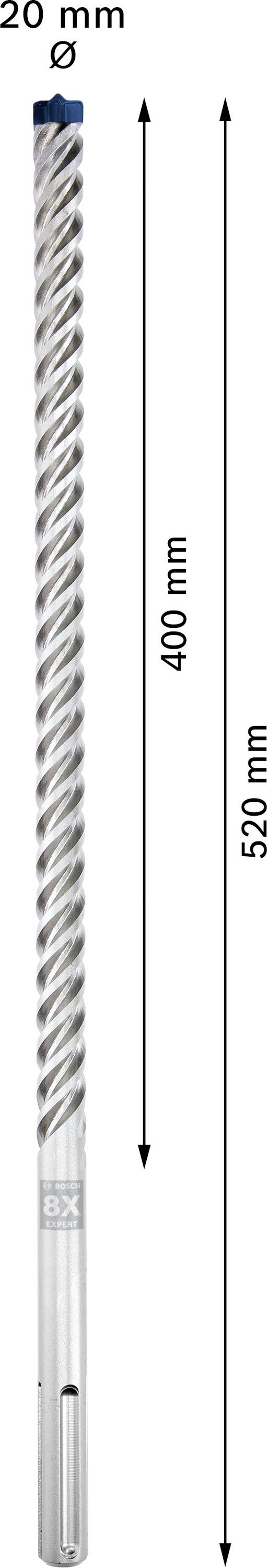 Ein langer Bohrer mit einem Durchmesser von 20 mm und einer Gesamtlänge von 550 mm, davon 400 mm Arbeitslänge, wird gezeigt.