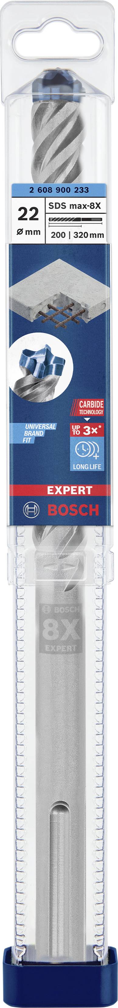 'Bosch Betonbohrer 22 x 100 x 160 mm, SDS plus-7X' in Verpackung, geeignet für Beton. Verpackung weist CE- und PGM-Logos auf.