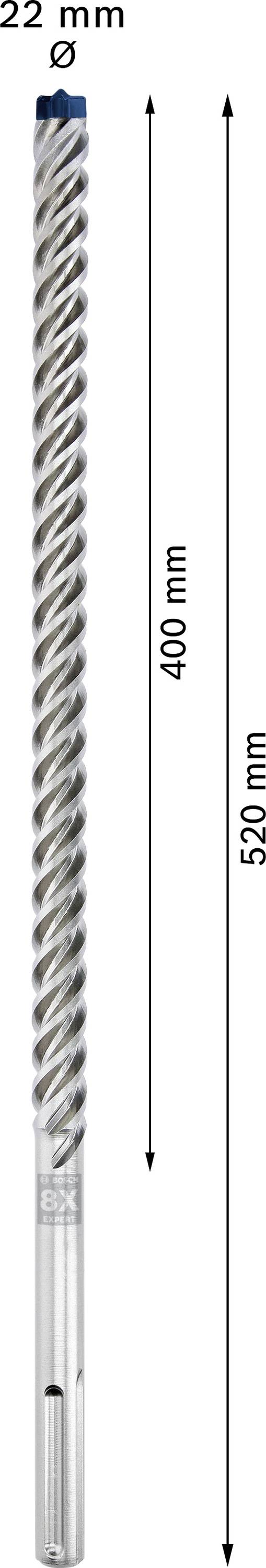 Bohrerschaft, Länge 520 mm, Durchmesser 22 mm, sichtbare Spiralkonstruktion für Haltbarkeit und Effizienz.