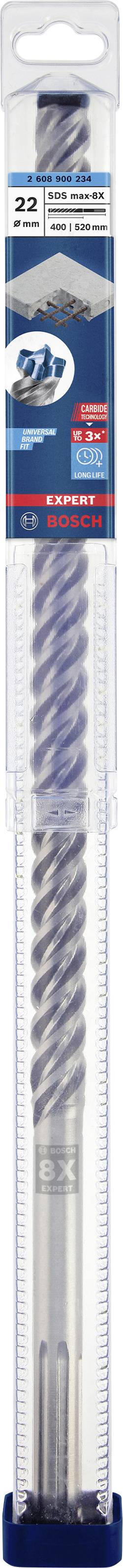 Ein SDS-plus-5 Bohrer von Bosch in einer Plastikverpackung, geeignet für Beton und Mauerwerk. Verpackung enthält technische Spezifikationen.