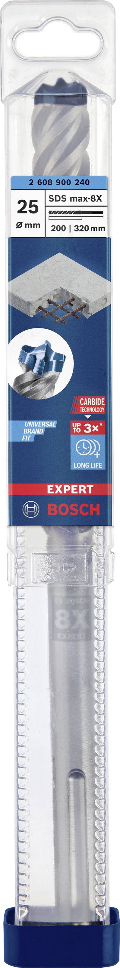 Bohrerpackung von Bosch, geeignet für Beton, 25 mm Durchmesser x 300 mm Länge, Verpackung zeigt Blaupause eines Bohrers.