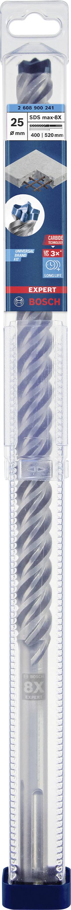 Verpackung mit einem grauen Bohrer für Beton. Produktname und technische Details oben auf der Verpackung.