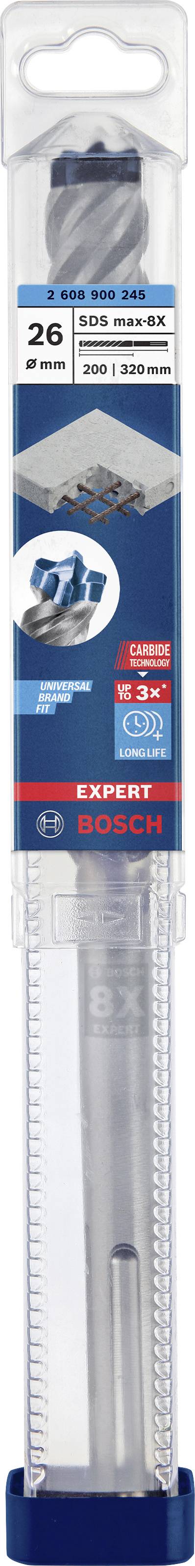 Bohrer von Bosch, 26 mm Durchmesser, geeignet für Mauerwerk und Beton, verpackt in einer durchsichtigen Kunststoffhülle.