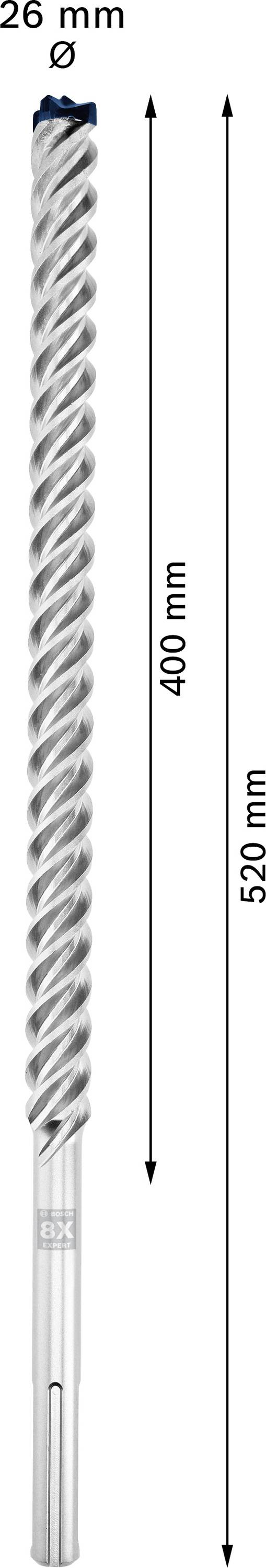 Bohrer mit 26 mm Durchmesser, 400 mm Arbeitslänge und 520 mm Gesamtlänge.