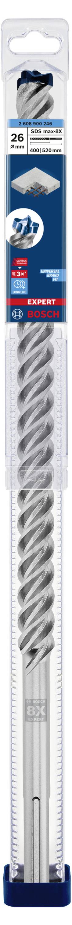 Verpacktes Bohrer-Set mit einer Bohrerspitze für Beton. Verpackung zeigt Markennamen, Produktdetails und Nutzungsinformation.